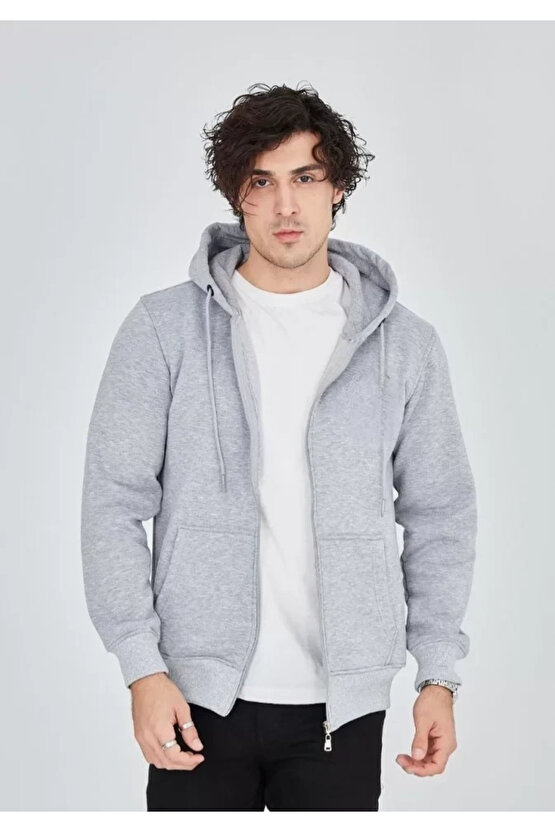 Bupel Unisex Tam Fermuarlı Kapşonlu SweatShirt - Gri