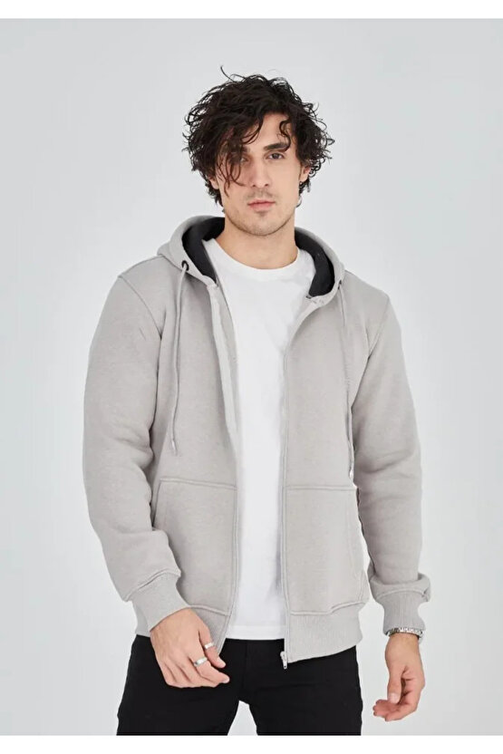 EQURİ Unisex Tam Fermuarlı Kapşonlu SweatShirt - Boyalı Gri