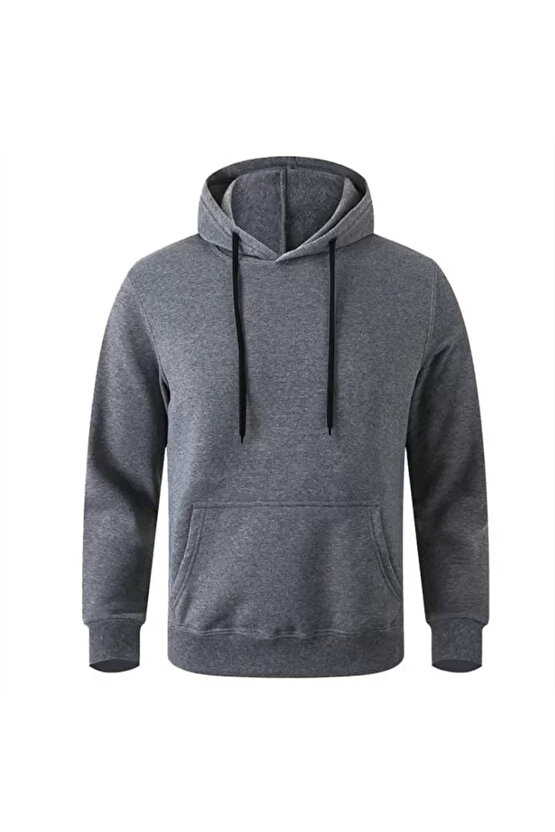 Erkek Uzun Kol Kapşonlu Basic Sweatshirt Hoodie - Füme