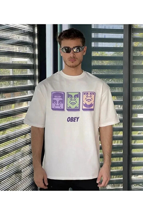 Unisex Bisiklet Yaka Baskılı Oversize T-Shirt - Beyaz