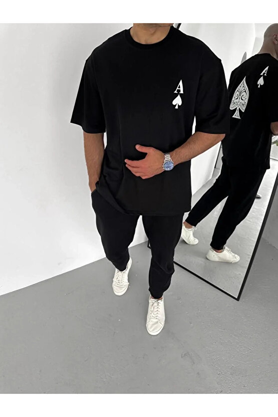 Unisex Bisiklet Yaka Baskılı Oversize T-Shirt - Siyah