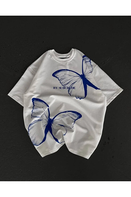 Unisex Bisiklet Yaka Baskılı Oversize T-Shirt - Beyaz