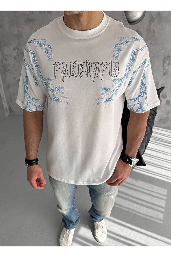 Unisex Bisiklet Yaka Baskılı Oversize T-Shirt - Beyaz