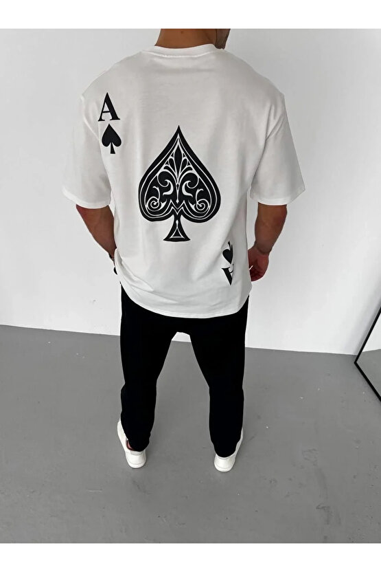 Unisex Bisiklet Yaka Baskılı Oversize T-Shirt - Beyaz