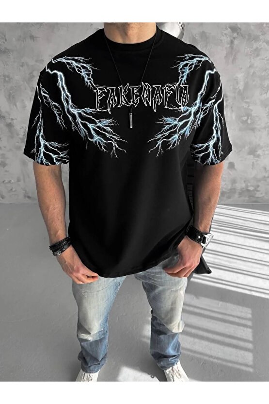 Unisex Bisiklet Yaka Baskılı Oversize T-Shirt-Siyah