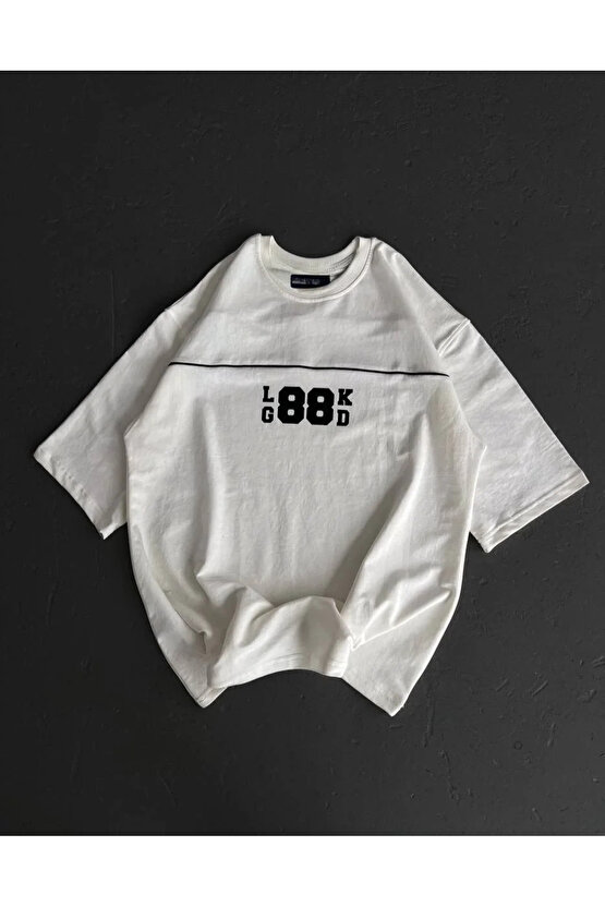 Unisex Bisiklet Yaka Baskılı Oversize T-Shirt - Beyaz