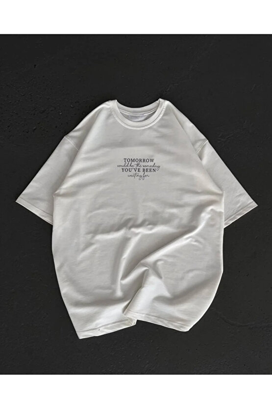 Unisex Bisiklet Yaka Baskılı Oversize T-Shirt - Beyaz