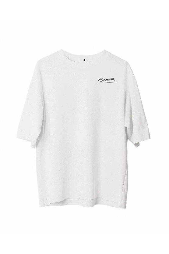 Unisex Bisiklet Yaka Baskılı Oversize T-Shirt - Beyaz