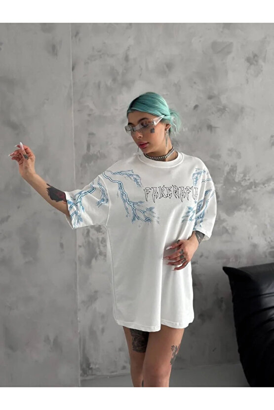 Unisex Bisiklet Yaka Baskılı Oversize T-Shirt - Beyaz