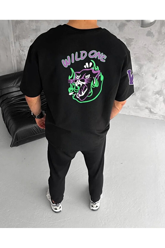 Unisex Bisiklet Yaka Baskılı Oversize T-Shirt - Siyah