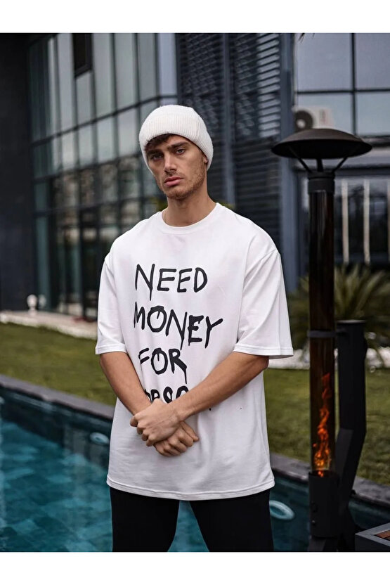 Unisex Bisiklet Yaka Baskılı Oversize T-Shirt - Beyaz