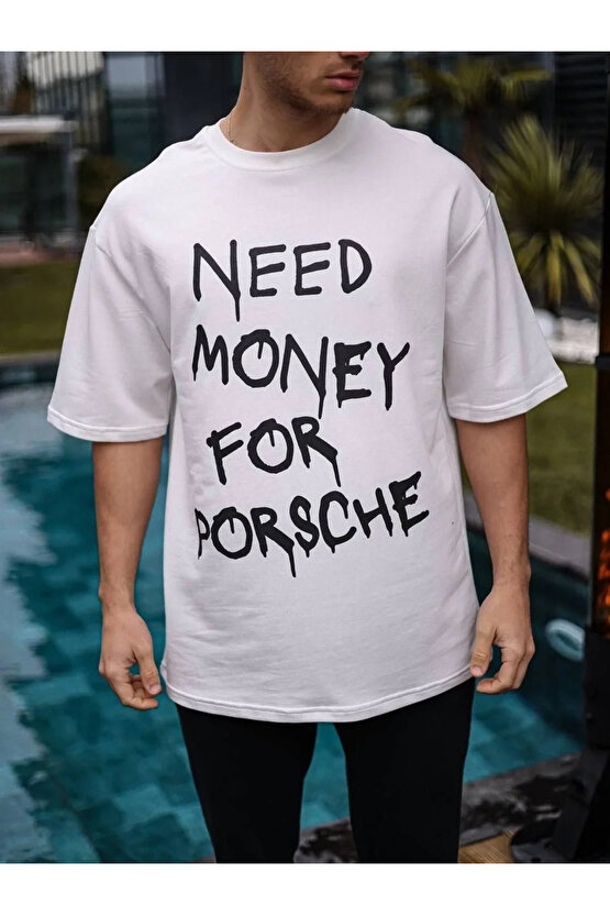 Unisex Bisiklet Yaka Baskılı Oversize T-Shirt - Beyaz