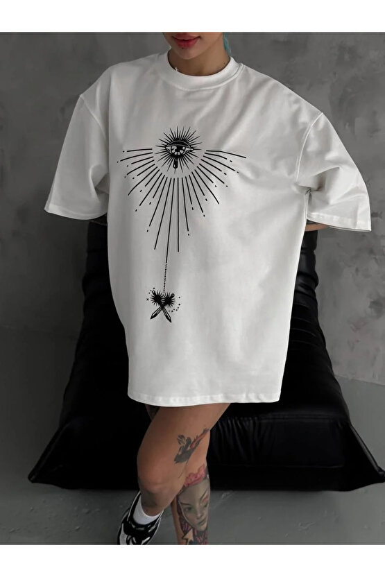 Unisex Bisiklet Yaka Baskılı Oversize T-Shirt - Beyaz