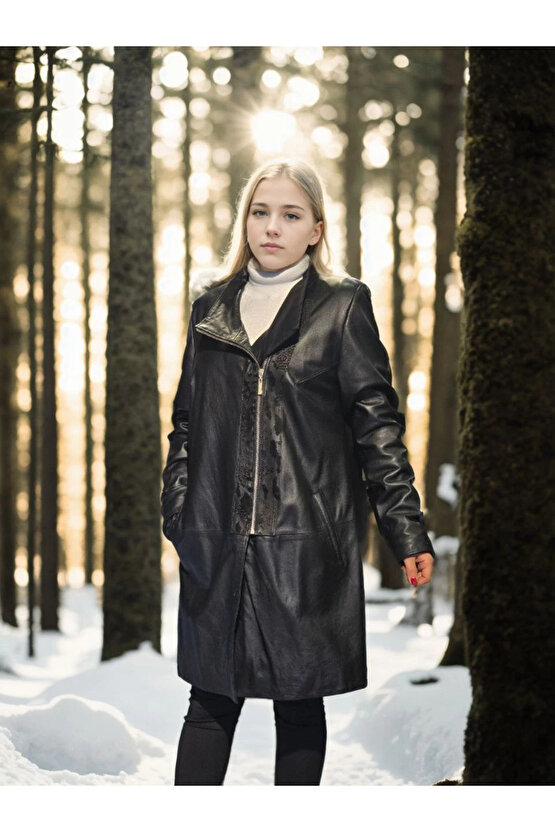 Kadın Uzun Kollu Hakiki Deri Ceket - Siyah
