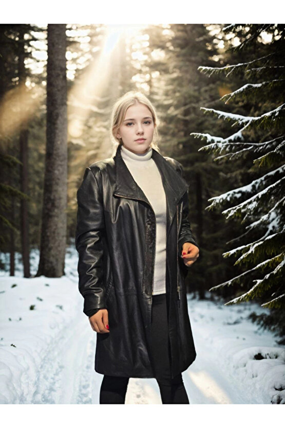 Kadın Uzun Kollu Hakiki Deri Ceket - Siyah