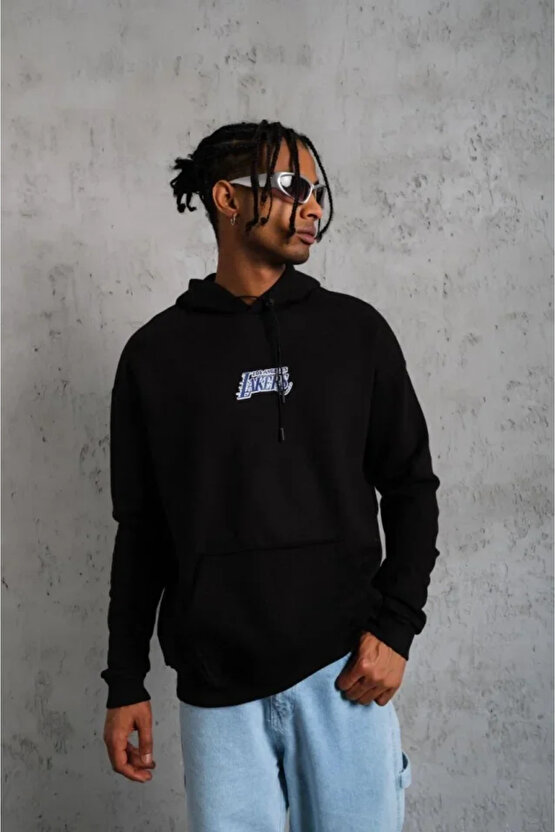 EQURİ Erkek Baskılı Oversize Üç İplik Kapüşonlu Sweatshirt - Siyah