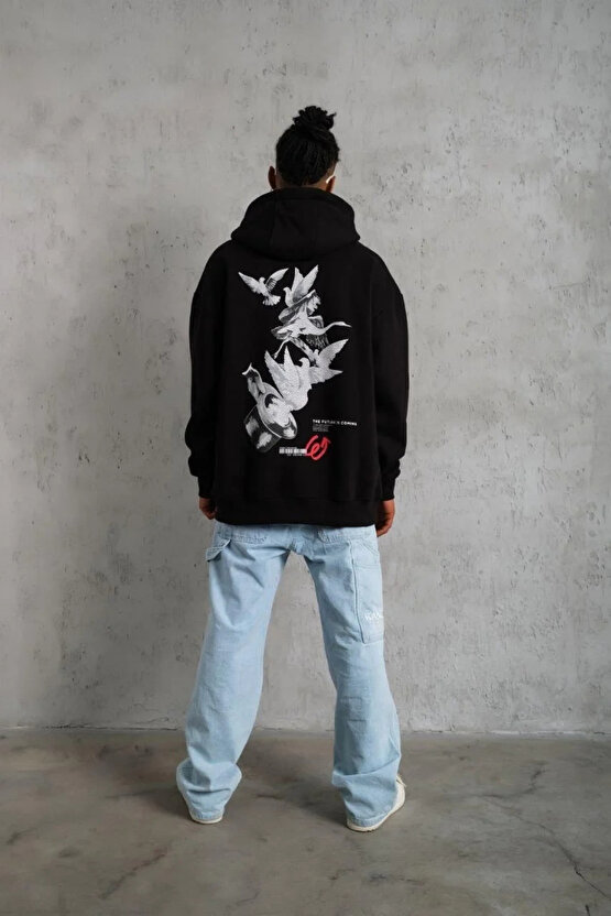 Erkek Şapkalı Güvercin Baskılı Kapşonlu Sweat - Siyah