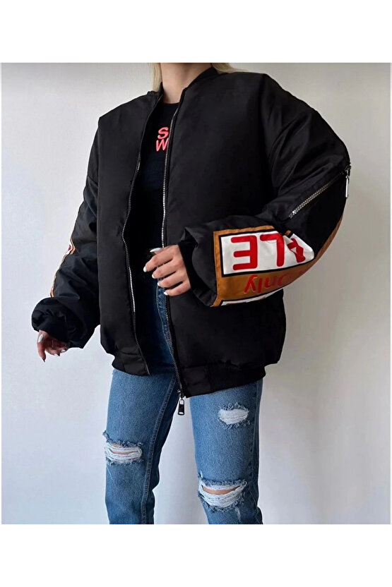 Kadın Sırt ve Kol Parça Baskılı Bomber Ceket - Siyah