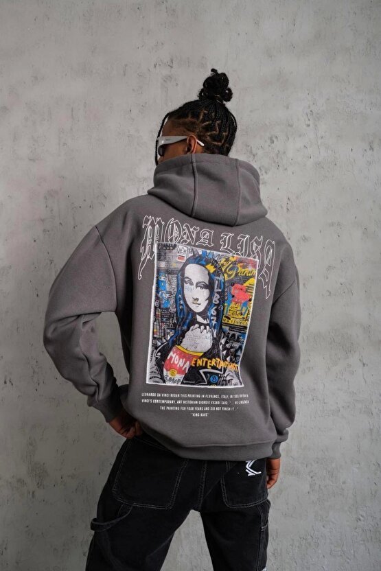 Erkek Baskılı Kapüşonlu ve Kanguru Cepli Sweat- Gri