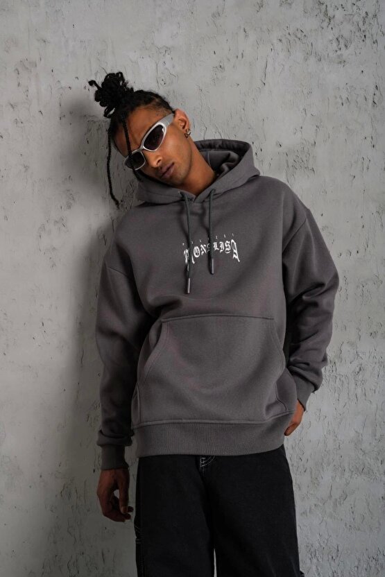 Erkek Baskılı Kapüşonlu ve Kanguru Cepli Sweat- Gri