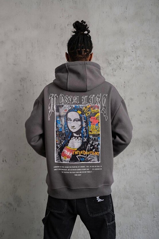 Erkek Baskılı Kapüşonlu ve Kanguru Cepli Sweat- Gri