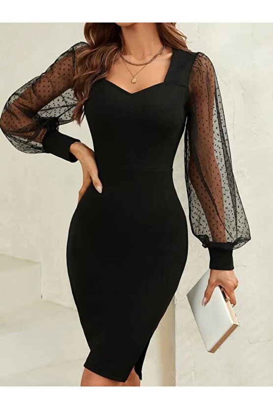 Kadın Uzun Kollu Kalp Yakalı Kol Tül Detaylı Kısa Ithal Krep Elbise