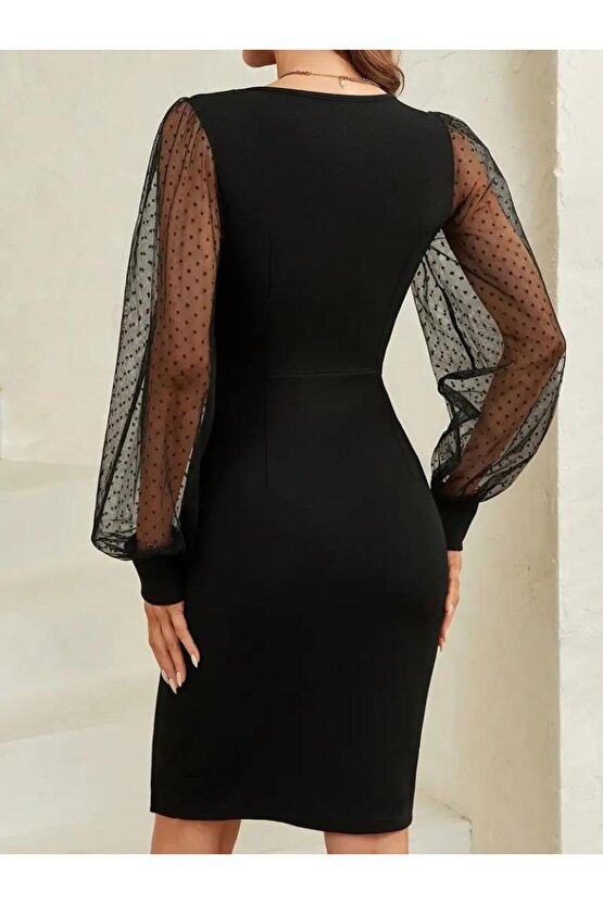 Kadın Uzun Kollu Kalp Yakalı Kol Tül Detaylı Kısa Ithal Krep Elbise