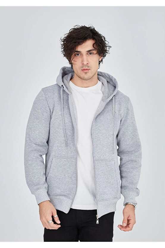 Unisex Tam Fermuarlı Kapşonlu SweatShirt - Gri