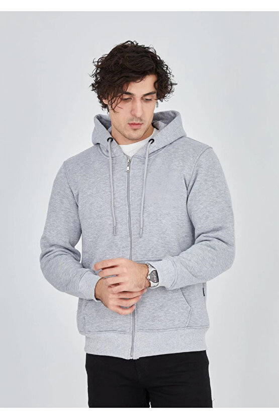 Unisex Tam Fermuarlı Kapşonlu SweatShirt - Gri