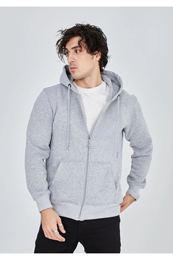 Unisex Tam Fermuarlı Kapşonlu SweatShirt - Gri