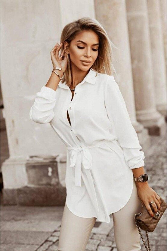 Kadın Metal Düğmeli Beli Kuşaklı Pamuk Polyester Kumaş Gömlek Elbise