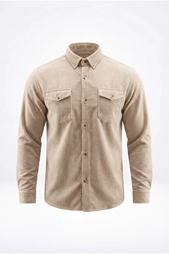 Erkek Uzun Kollu Cepli Kadife Gömlek