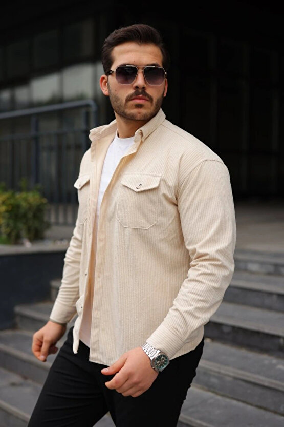 Erkek Uzun Kollu Cepli Kadife Gömlek