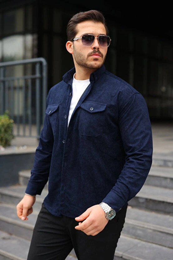 Erkek Uzun Kollu Cepli Kadife Gömlek