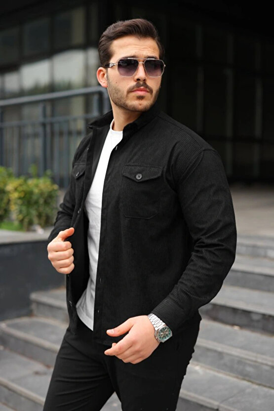 Erkek Uzun Kollu Cepli Kadife Gömlek