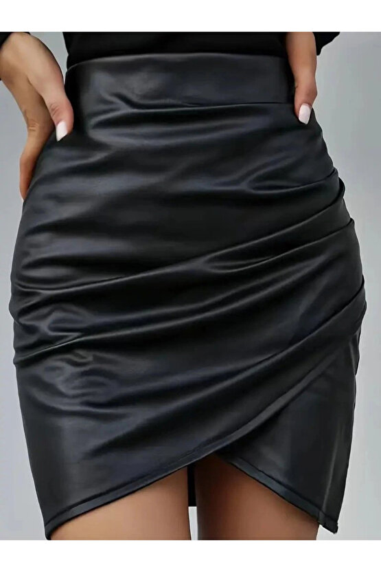 Kadın Yüksek Bel Yandan Fermuarlı Pileli Mini Deri Etek
