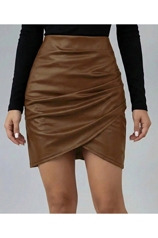 Kadın Yüksek Bel Yandan Fermuarlı Pileli Mini Deri Etek