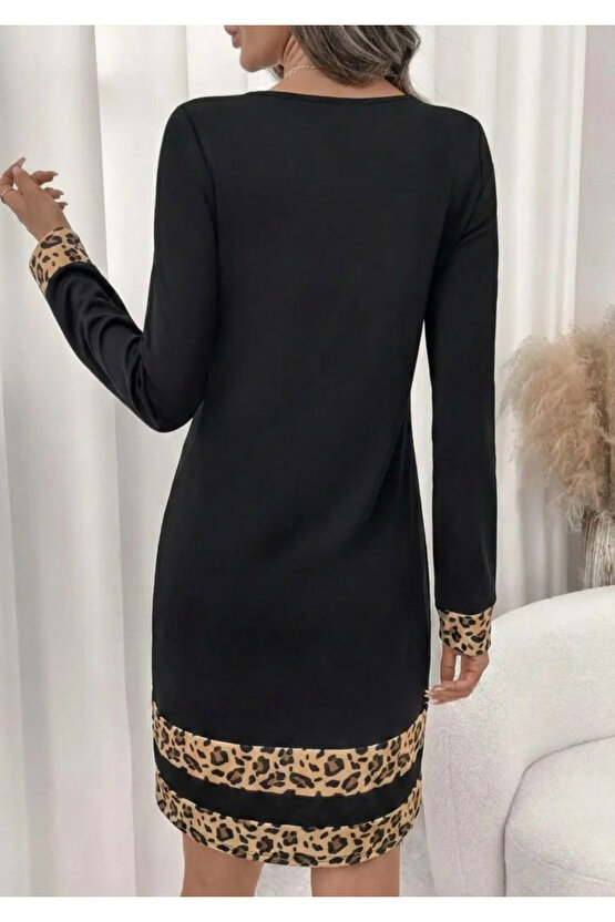 Kadın Uzun Kollu Bisiklet Yaka Mini Ithal Krep Elbise