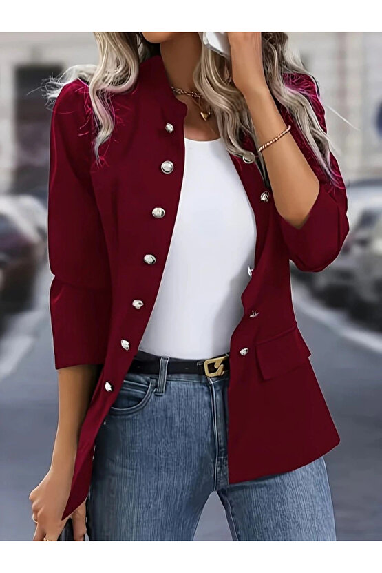 Kadın Uzun Kollu Hakim Yaka önden Düğmeli Kısa Atlas Ceket