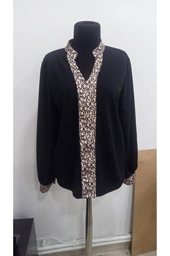 Kadın Uzun Kollu V Hakim Yakalı Desenli Ithal Krep Bluz