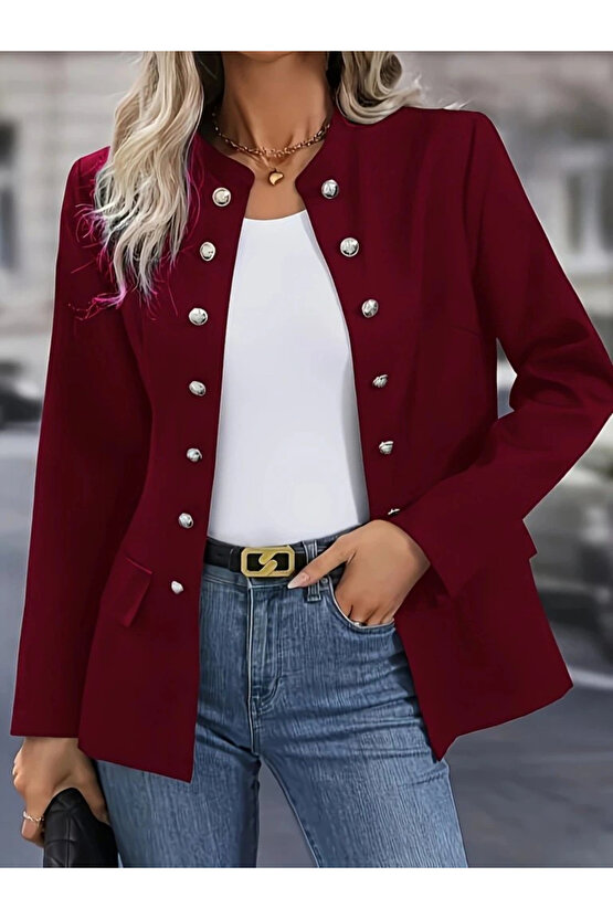 Kadın Uzun Kollu Hakim Yaka önden Düğmeli Kısa Atlas Ceket