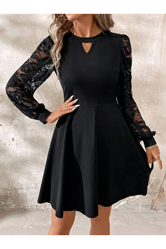 Kadın Uzun Kollu Yuvarlak Damla Detaylı Kolları Tül Detaylı Kısa Ithal Krep Elbise