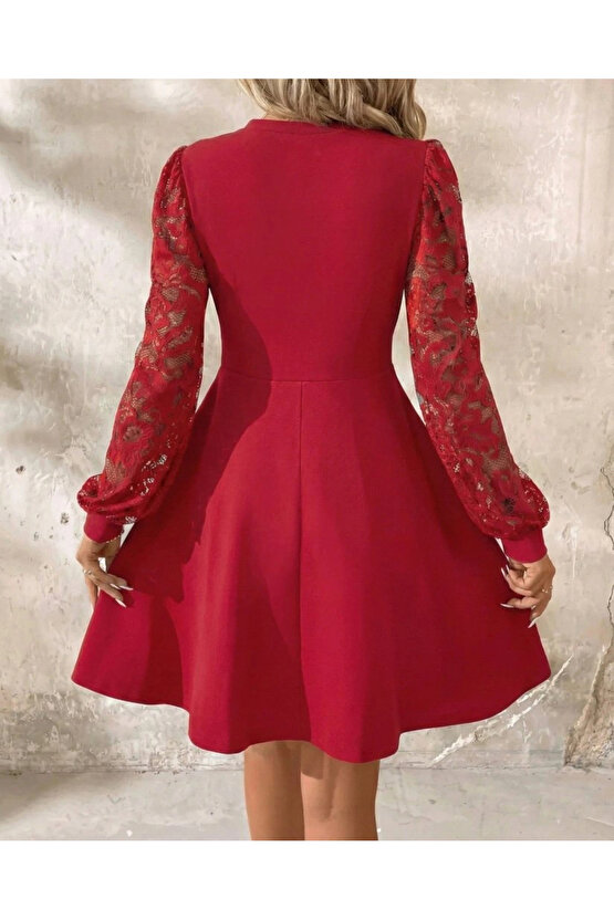 Kadın Uzun Kollu Yuvarlak Damla Detaylı Kolları Tül Detaylı Kısa Ithal Krep Elbise