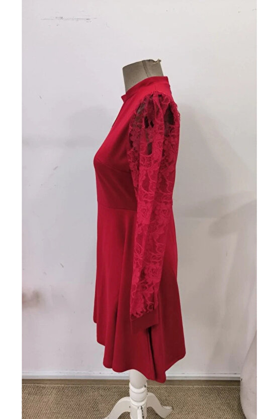 Kadın Uzun Kollu Yuvarlak Damla Detaylı Kolları Tül Detaylı Kısa Ithal Krep Elbise