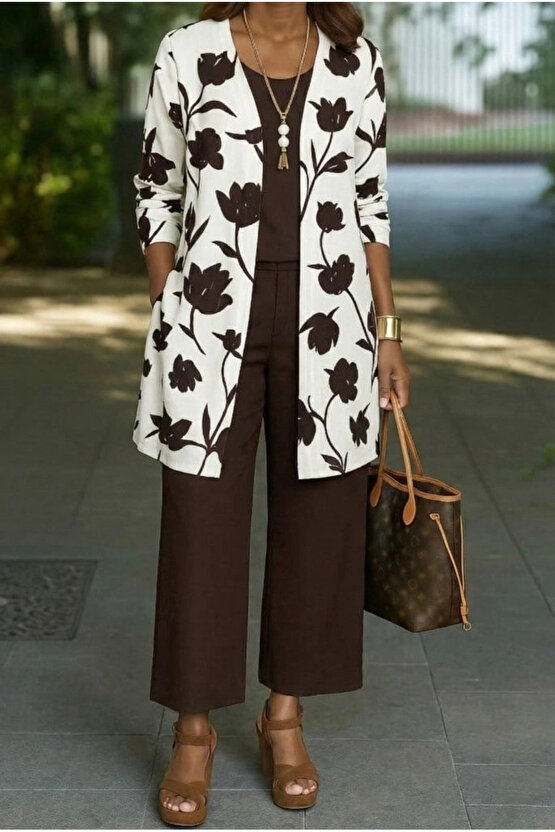 Kadın Uzun Kollu önü Açık Modal Ceket Kolsuz Viskon Iki Iplik Bluz Ve Pantolon üçlü Takım