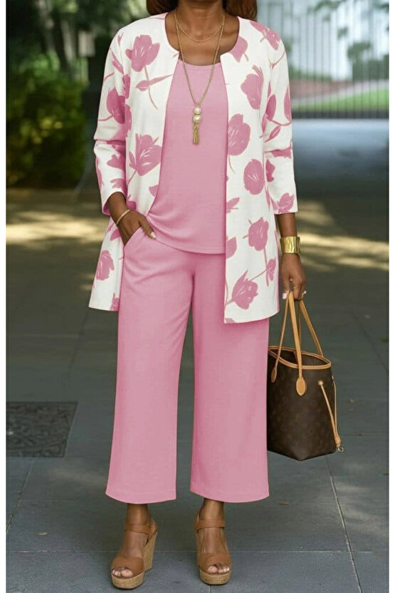 Kadın Uzun Kollu önü Açık Modal Ceket Kolsuz Viskon Iki Iplik Bluz Ve Pantolon üçlü Takım