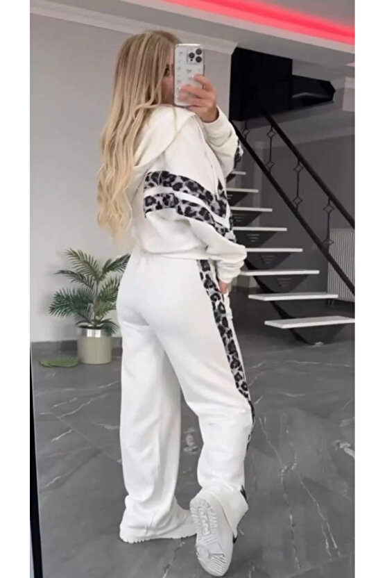 Kadın Uzun Kollu Kapşonlu önü Fermuarlı Leopar Desenli Modal Bluz Ve Pantolon Ikili Takım