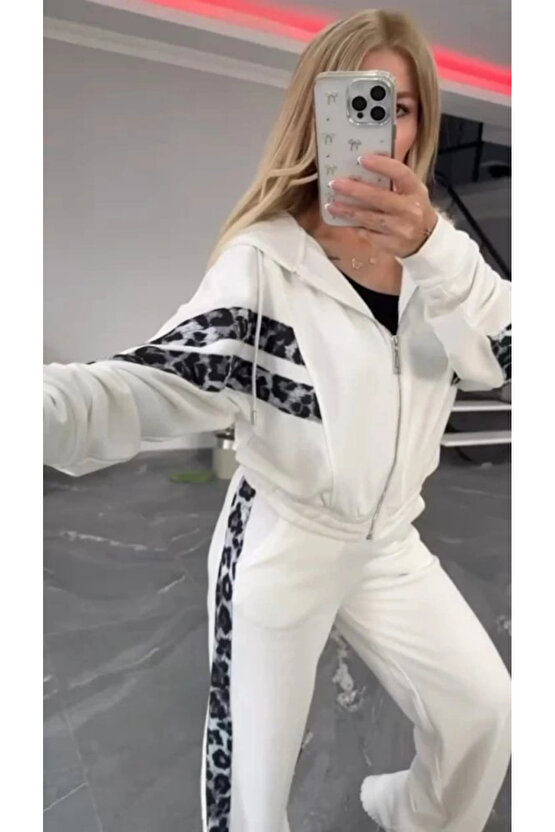 Kadın Uzun Kollu Kapşonlu önü Fermuarlı Leopar Desenli Modal Bluz Ve Pantolon Ikili Takım