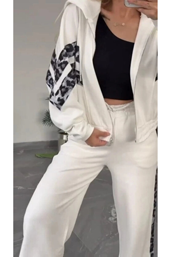 Kadın Uzun Kollu Kapşonlu önü Fermuarlı Leopar Desenli Modal Bluz Ve Pantolon Ikili Takım