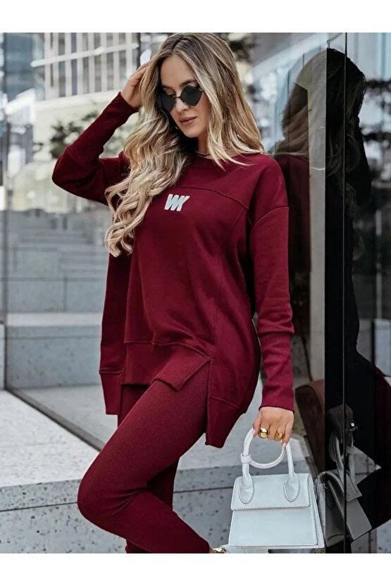 Kadın Uzun Kollu Bisiklet Yaka Nervurlu Viskon Iki Iplik Ve Tayt Pantolon Ikili Takım